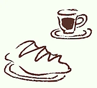 A simple sketch of a croissant or pastry on a plate with a cup of coffee in the background, drawn in brown lines.
