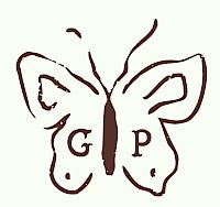 Butterfly logo with stylized wings and the letters G and P on either side of the body, simple dark brown lines on a light background.