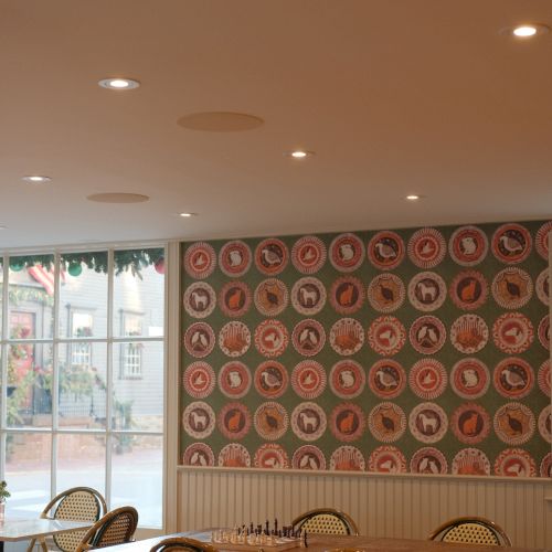 A cozy cafe with a wall decorated by repeated circular patterns, wooden tables, wicker chairs, and a large window letting in soft light.